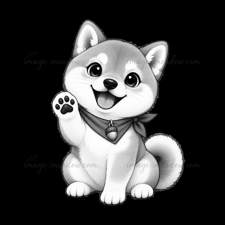 A cartoon K-9 dog sits happily, waving one paw and wearing a scarf with a bell. The character has a friendly expression and large eyes, making it appealing in a
