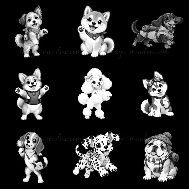Nine cartoon K-9 dogs are shown in a 3x3 grid. Each dog has a unique pose and accessory, creating a fun and cheerful atmosphere with a monochrome style. Perfect
