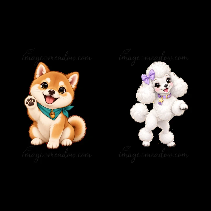 Two cartoon sticker dogs are sitting happily next to each other. On the left, a brown Shiba Inu has a blue collar and raises its paw. On the right, a fluffy whi