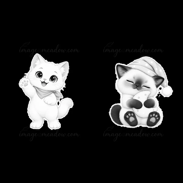Two kawaii cats are shown together. The first cat wears a scarf and waves. The second cat is sitting with paws together, wearing a Santa hat. Both cats are illu