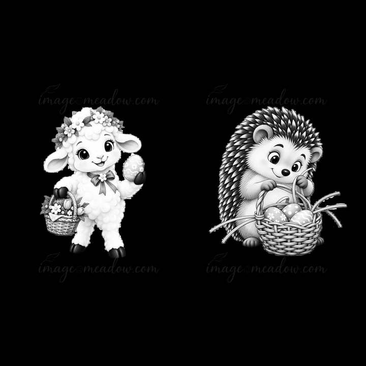 A lamb holds an Easter egg while standing beside a hedgehog. The hedgehog looks into its basket filled with colorful eggs. Both characters are styled in a carto