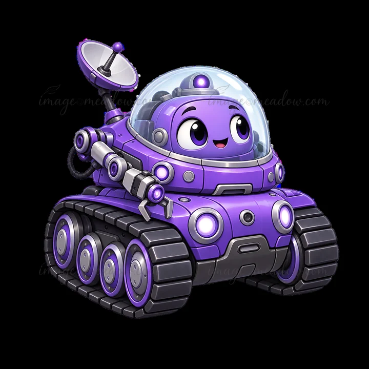 A purple cartoon tank features a smiling character inside a dome. It has a satellite dish on top and is designed with wheels. The tank has a friendly appearance