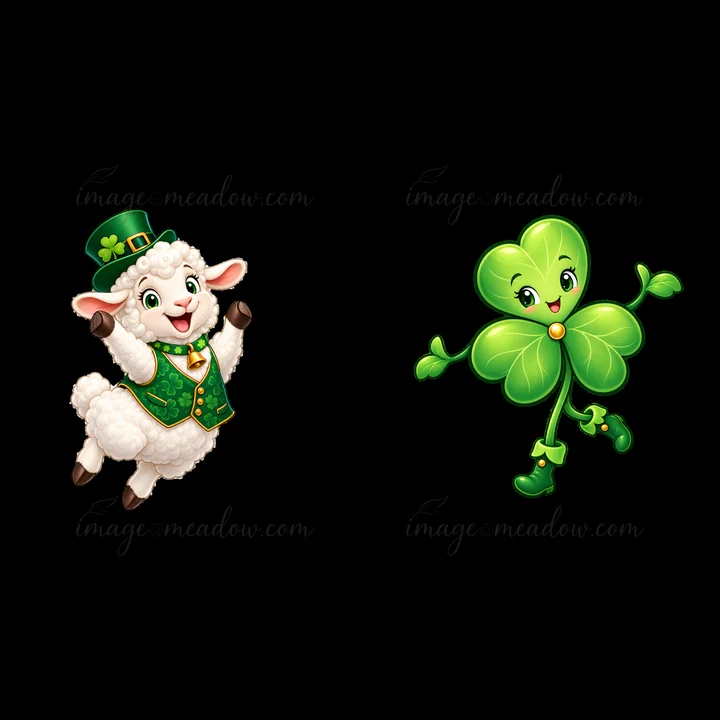 A cheerful sheep dressed in green with a shamrock hat joyfully jumps next to a smiling shamrock character. This scene captures the festive spirit of St. Patrick