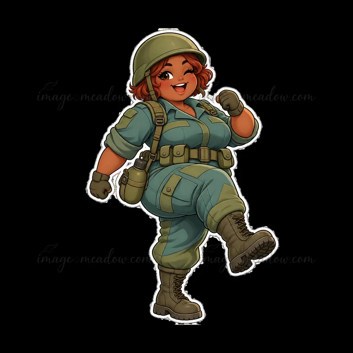 A cartoon sticker features an ultra-chubby soldier in a green uniform. She has curly orange hair, a cheerful expression, and is lifting one leg as if marching.
