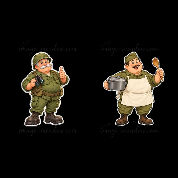 Two cartoon characters stand side by side. One soldier holds a camera and thumbs up. The other wears an apron and holds a spoon with a pot in his other hand. Th