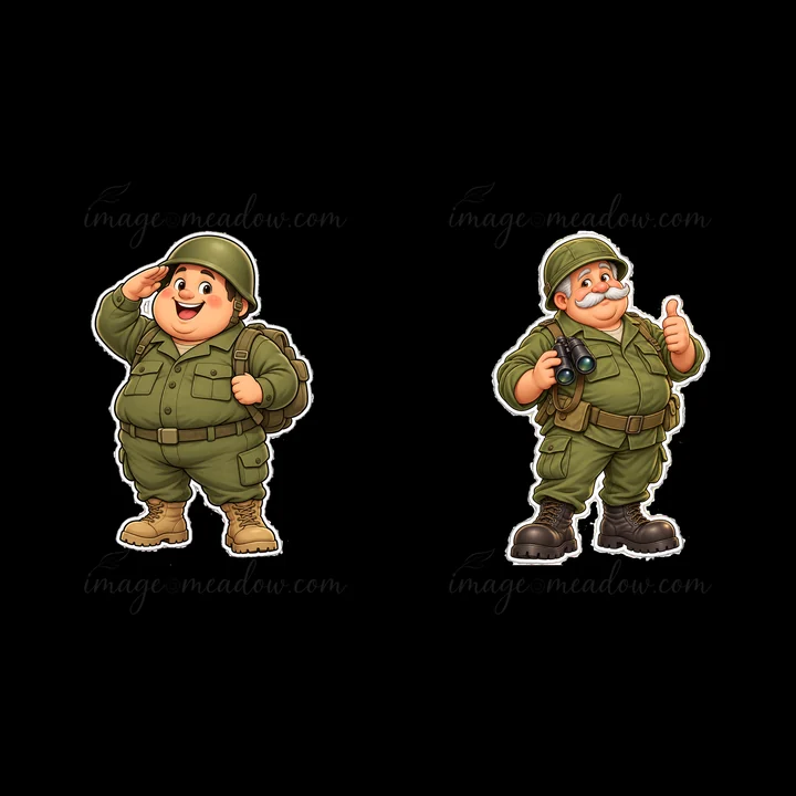 Two cartoon soldiers show different poses. The soldier on the left salutes, while the soldier on the right gives a thumbs up. Both have green uniforms, helmets,