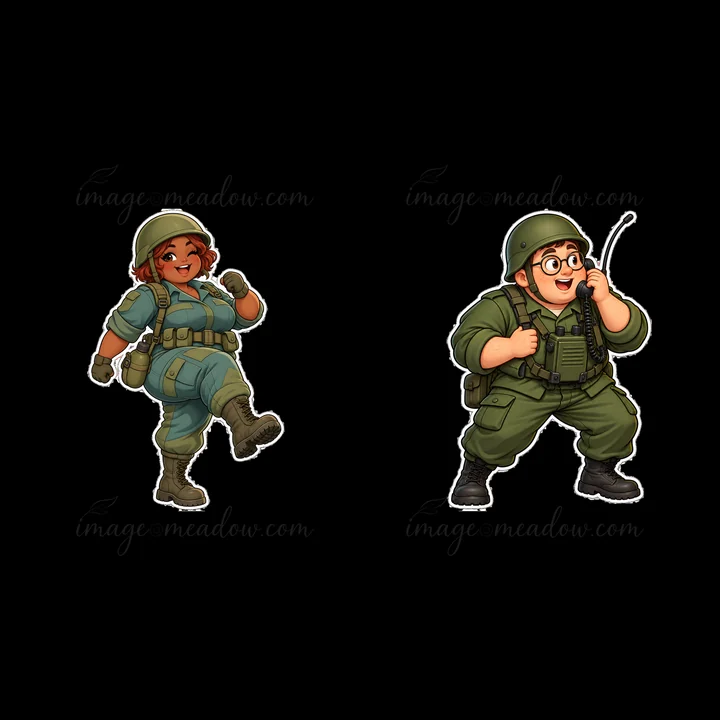 Two cartoon soldiers are shown in playful positions. The soldier on the left has curly hair and wears green gear. The soldier on the right wears glasses and gre