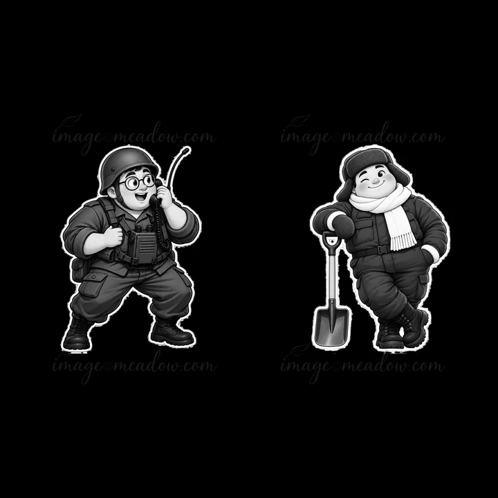 Two cartoon soldiers are illustrated. One is smiling and holding a radio while the other leans on a shovel, wearing a scarf and a coat. They are designed in a b