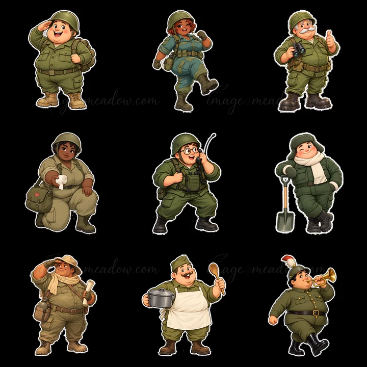 Nine cartoon stickers showcase ultra-chubby soldiers in different poses. They display various actions like saluting, marching, holding tools, and enjoying snack