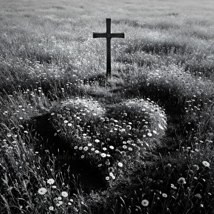 A dark wooden cross stands in a summer meadow surrounded by wildflowers. The sunlight casts shadows creating a heart shape in the grass. This scene captures a m
