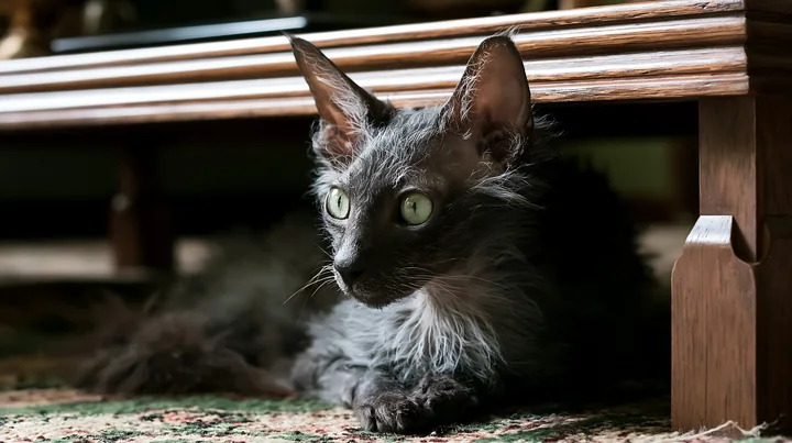 Dark Lykoi cat resting beneath a wooden table on a patterned rug, facing the camera with bright green eyes.