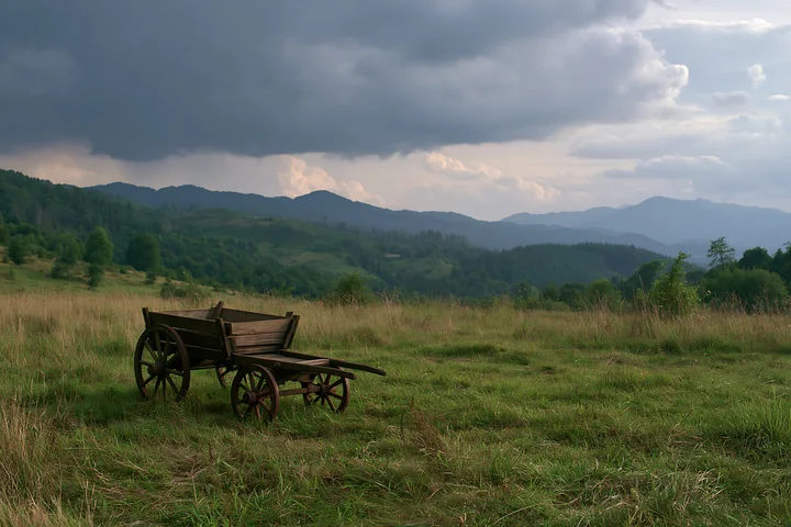 Dark storm clouds form over an open meadow where a wooden cart sits on the grass.