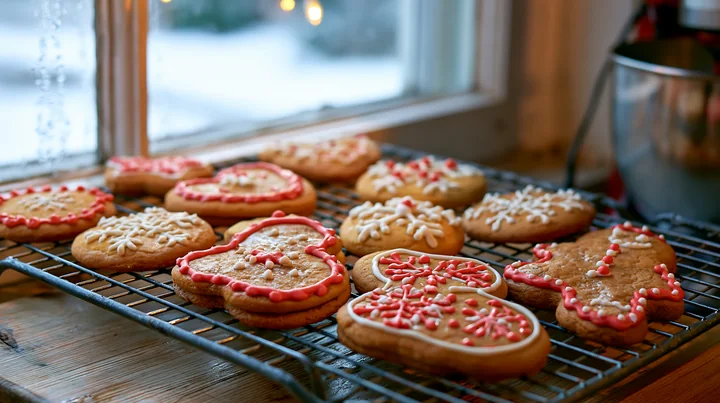 Decorated Christmas cookies cool on a wire kitchen rack beside a snowy window.
