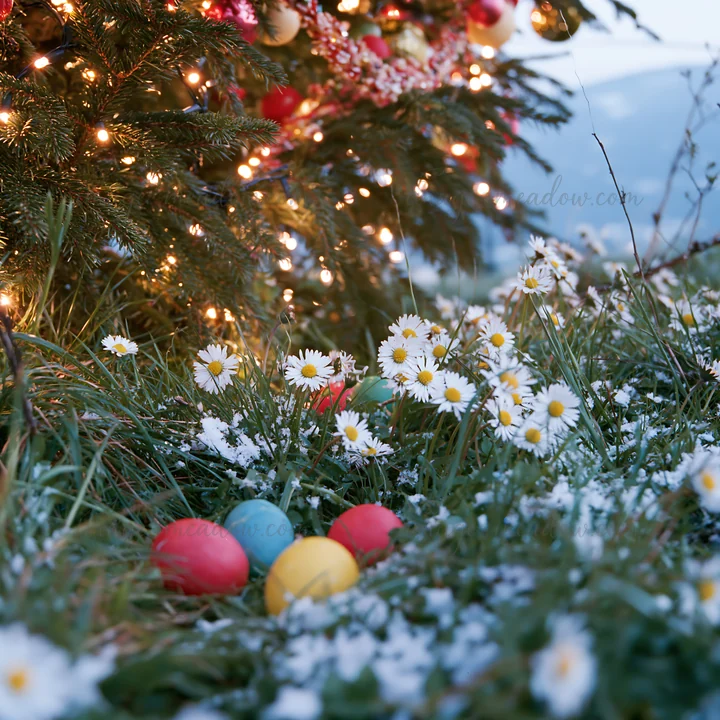 A decorated Christmas tree with lights stands in a snowy meadow. Colorful eggs are placed on the ground among white daisies. The scene captures a festive atmosp