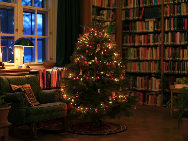 Decorated Christmas tree glowing beside an armchair and bookshelves in a warmly lit library.