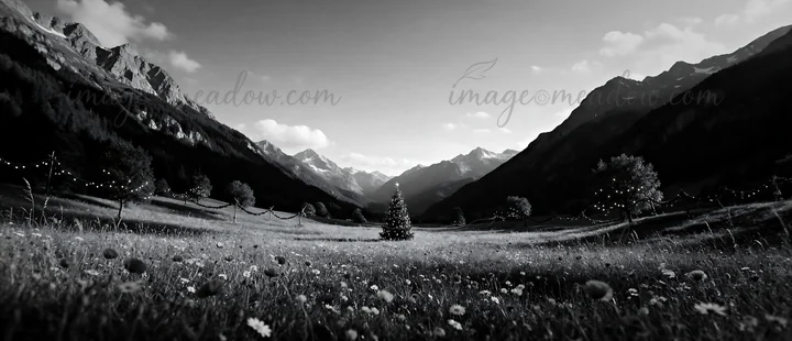 A decorated Christmas tree stands in the center of a mountain valley meadow. The landscape features rolling hills and distant peaks, creating a festive atmosphe
