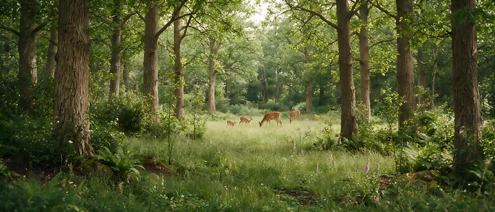 Deer are grazing in a shaded meadow in woodland clearing surrounded by tall trees.