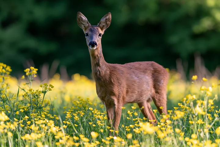 Deer stands among yellow wildflowers at the edge of a sunny meadow with woodland behind it.