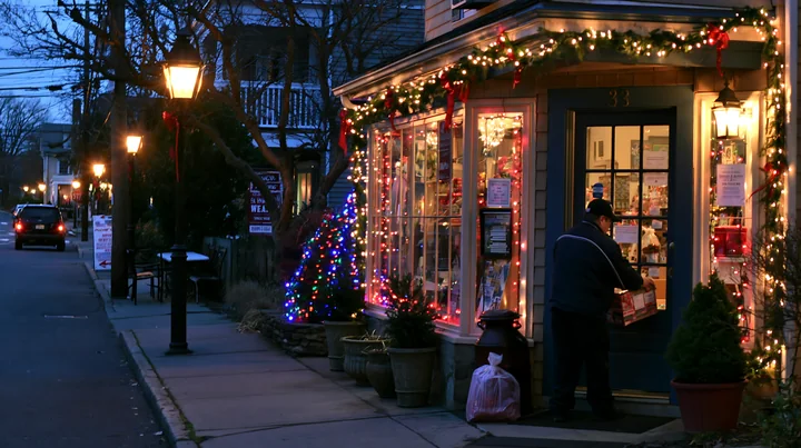 Delivery worker places a package at the doorstep of a Christmas-decorated storefront at dusk.