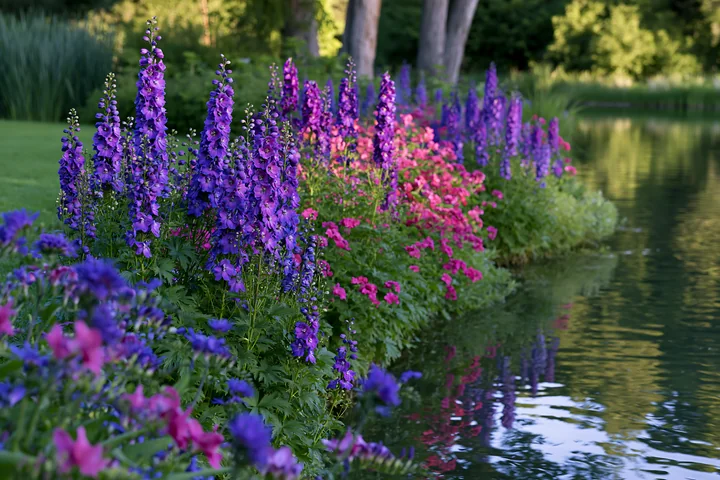 Delphinium flower border runs beside a still body of water, showcasing vibrant purple and pink blooms.