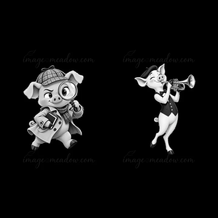 A pig character dressed as a detective walks with a magnifying glass in one hand. Another pig character in formal attire plays a trumpet. Both are illustrated i