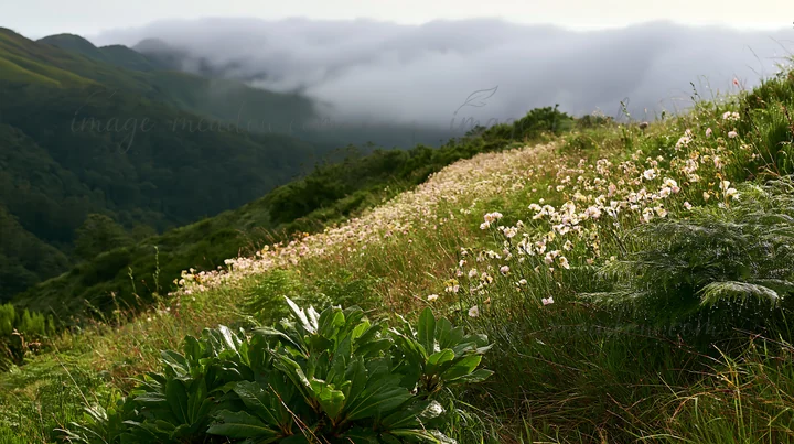 A dewy meadow filled with wildflowers stretches across rolling hills. Fog hangs over the distant mountains, creating a lush green landscape. The scene captures