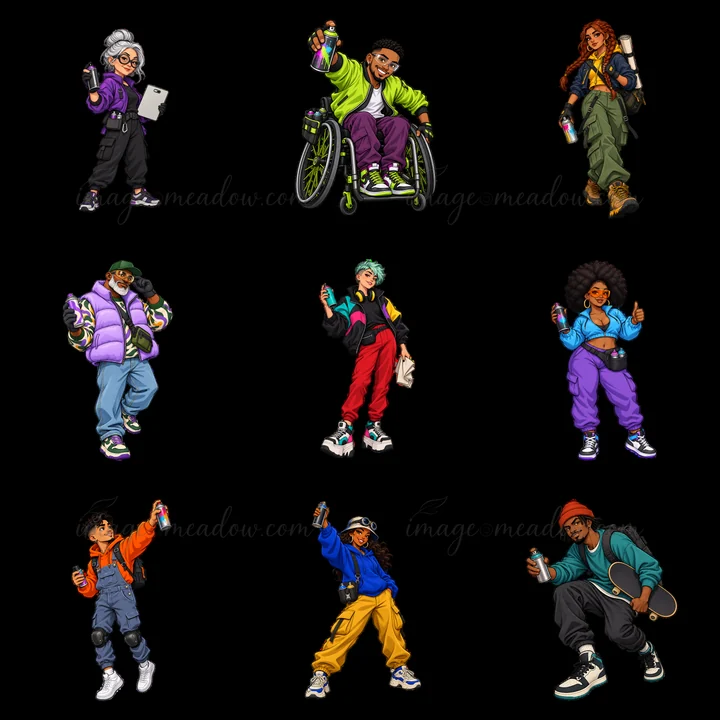 A 3x3 grid features cartoon graffiti artists in various streetwear outfits, showcasing their unique styles and accessories. Each character holds spray paint or