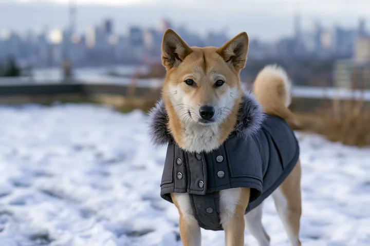 Dog in a dark winter coat stands in snow with a blurred urban skyline behind it.