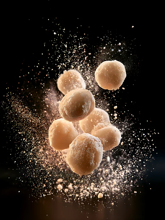 Dough balls are flying in mid-air with flour particles scattering around them.