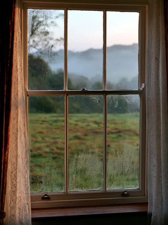 Droplets cling to the window, showing a misty countryside around cottage with green fields and distant hills.