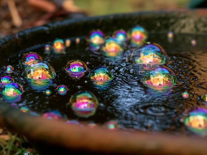 Droplets float on the surface of water, displaying a spectrum of colors.