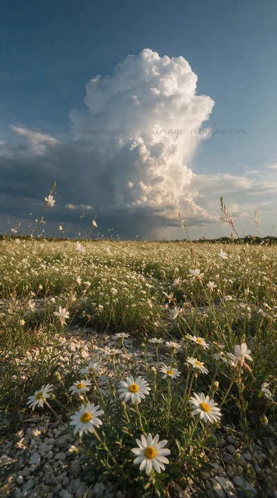 A field of white flowers fills the ground under a cloudy sky. The scene shows a variety of plants thriving in a dry environment, highlighting the beauty of drou