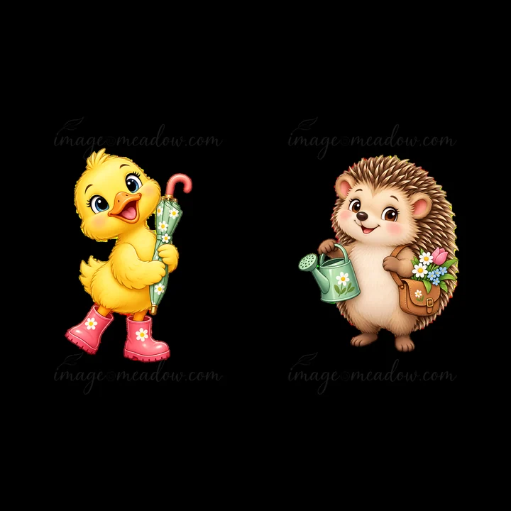 A yellow duck holds an umbrella and smiles while standing in boots. Beside it, a hedgehog carries a watering can and a bag with flowers. The scene is bright and