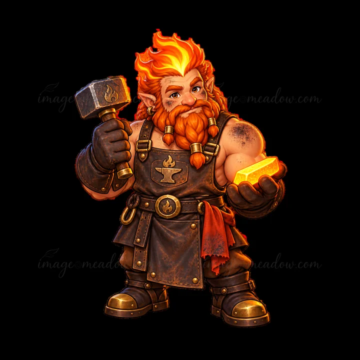 A dwarf with fiery orange hair and beard stands holding a hammer and a gold ingot. He wears a dark leather apron and poses confidently. His muscular build and e