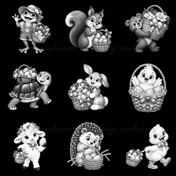 A collection of nine cartoon stickers shows different animal characters carrying baskets filled with Easter eggs and flowers. Each character has a unique pose a