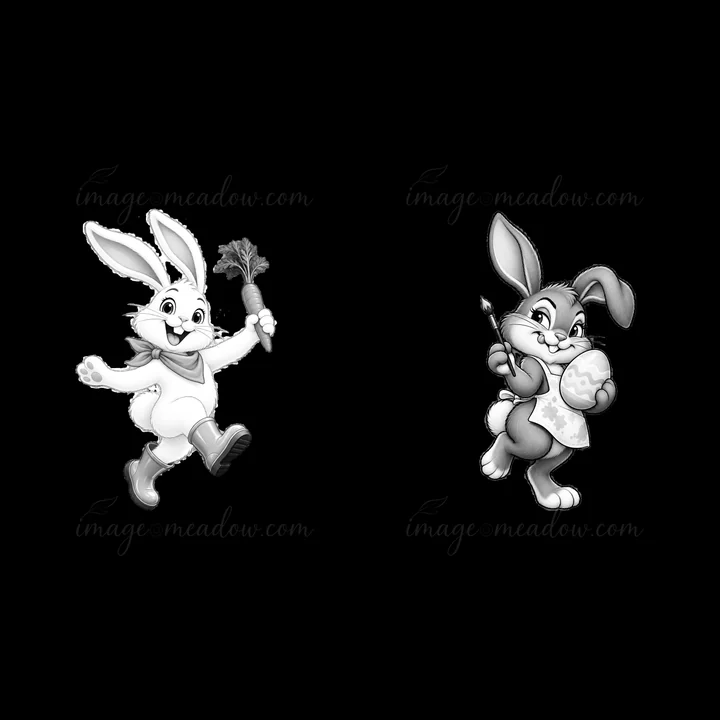 Two cartoon bunnies are featured together for Easter. One bunny holds a carrot and the other carries a paintbrush, preparing to decorate an egg. The bunnies are