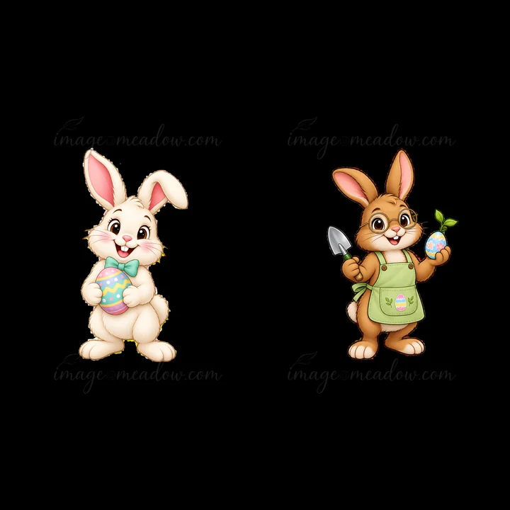 Two cartoon bunnies celebrate Easter. One bunny holds a colorful egg and smiles. The other wears an apron, holding a small plant and a painted egg. Both bunnies