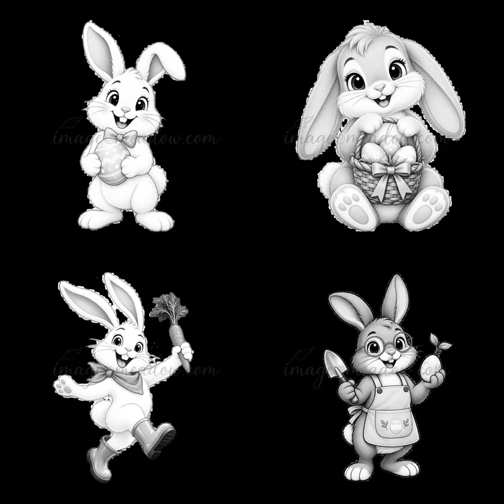 Four cartoon bunnies are featured in a 2x2 layout. One holds a heart, another carries a basket of eggs, one runs with a carrot, and the last wears an apron whil