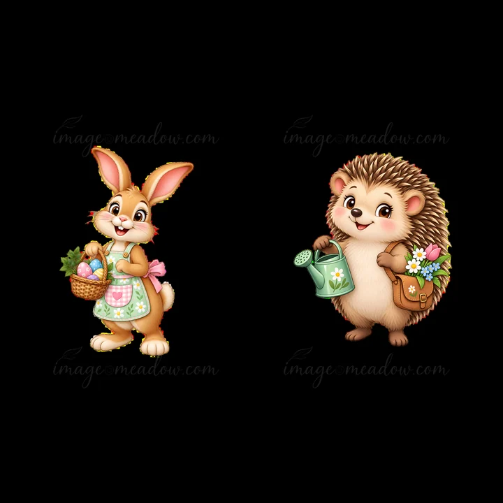 A bunny with a basket of flowers stands beside a hedgehog holding a watering can. They are set in an Easter meadow theme, perfect for spring celebrations and ga