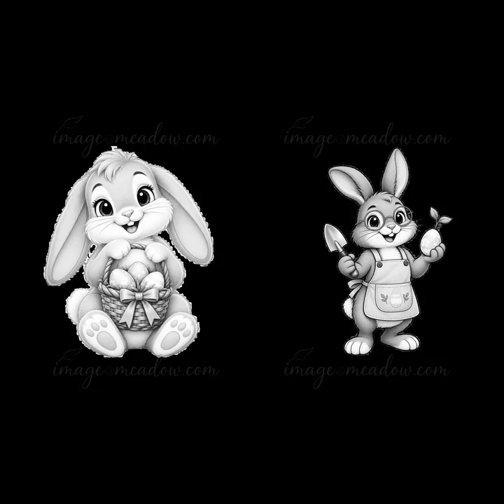 Two cartoon bunnies are illustrated. One bunny holds a basket filled with eggs while the other holds a gardening tool with a plant. Both bunnies are shown in bl