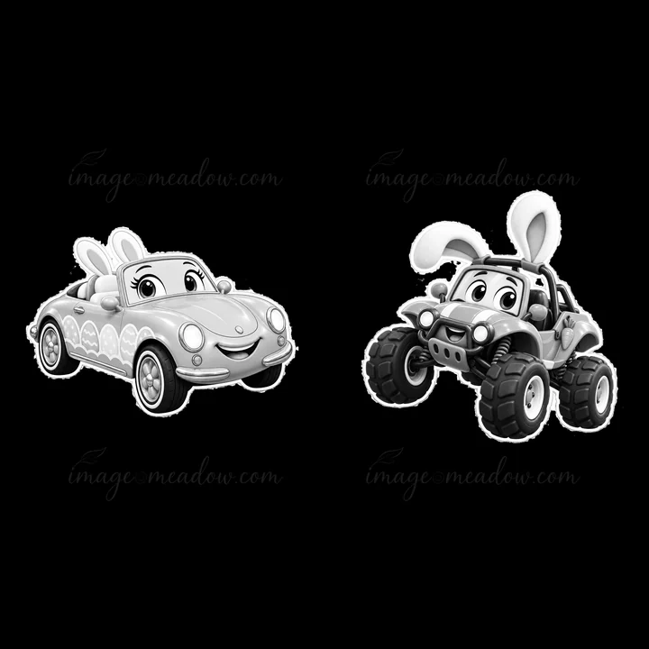 Two bunny characters drive different cars. One is a small convertible with a smiling face, and the other is a rugged off-road vehicle. Both are cheerful and fea
