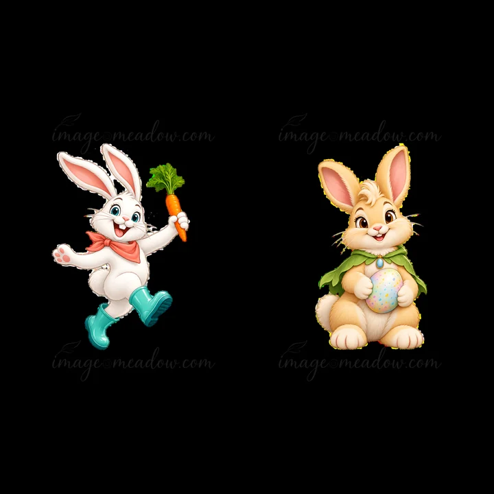 Two cartoon bunnies celebrate Easter. One bunny runs holding a carrot, wearing boots and a scarf. The other bunny sits with a decorated egg and wears a cape. Bo