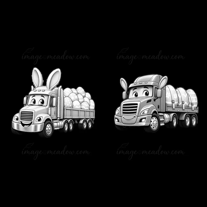 Two cartoon trucks are illustrated in black and white. One truck has bunny ears and carries eggs. The second truck has a simple design. They are side by side in