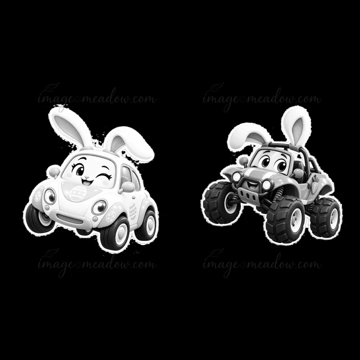 Two cartoon cars with bunny ears are shown. One car features a smiling face and rounded design, while the other has larger tires and a rugged look. Both are ide
