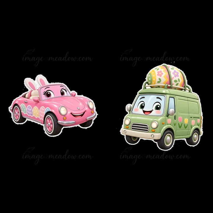 Two cartoon cars celebrate Easter. One car is pink with bunny ears, and the other is green with a decorated egg on top. They both have cheerful faces and colorf