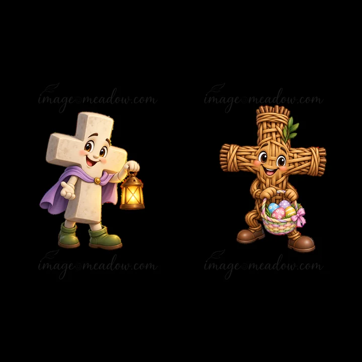 Two cartoon characters celebrate Easter with one holding a lantern and the other a basket filled with colorful eggs. Both characters have distinct cross shapes