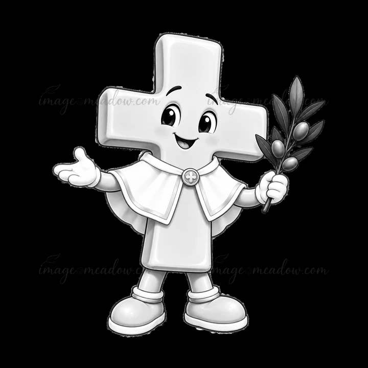A cartoon Easter cross character stands with a friendly smile, holding an olive branch in one hand. The character has a cape and a round neck symbol, celebratin