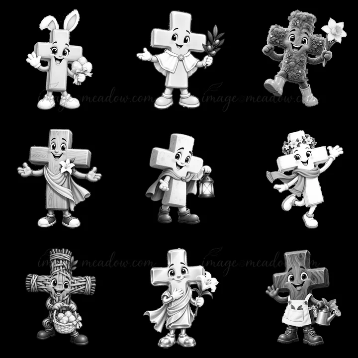 This artwork features nine cartoon cross characters in a 3x3 grid. Each character shows different expressions and accessories, celebrating the Easter theme with