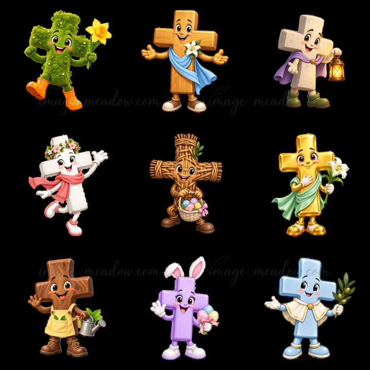 Nine cartoon figures depict Easter-themed crosses. Each character has unique expressions and accessories, such as flowers, a basket, and bells. The colors inclu