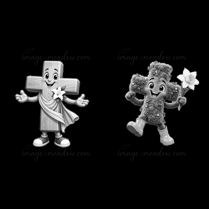 Two cartoon crosses stand together, one wooden with a flower and the other decorated with grass. They each wear smiles and are in a light and festive pose for E